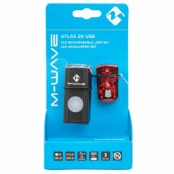 Set D'éclairages Vélo Avant Et Arrière à LED Rechargeables USB Atlas 20 M-Wave -Éclairages vélo Soldes feu arriere velo m wave atlas 20 packaging